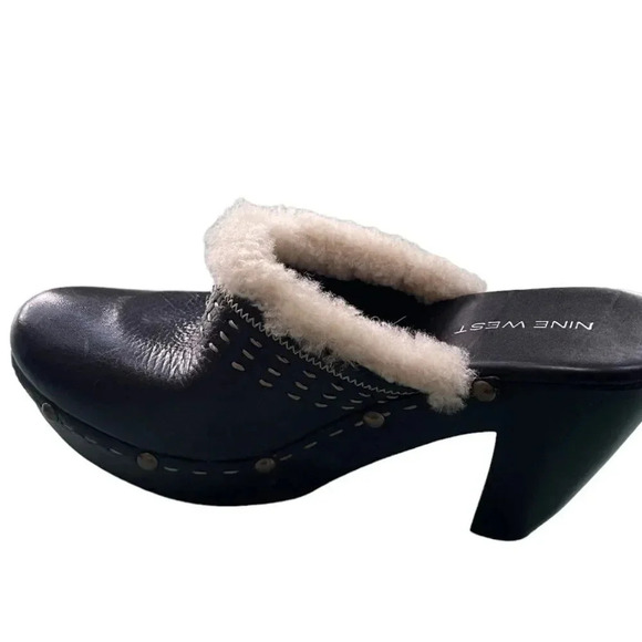 Nine West chunky heel clog mule Studded Black leather Size 8.5 Sherpa Retro - Picture 12 of 12